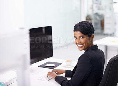 Buy stock photo Computer, screen and portrait of happy business woman in office with mockup for web design, planning or research. Pc, face and female designer online for creative idea inspiration, faq or google it