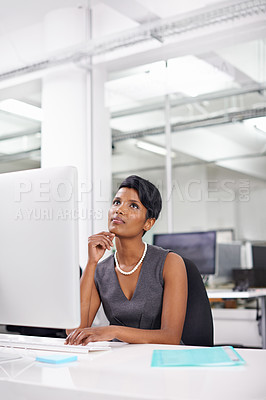 Buy stock photo Thinking, idea and business woman with computer in office for planning, research or problem solving. Pc, writing and female accountant online for portfolio research, budget or brainstorming strategy