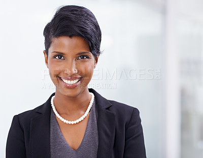 Buy stock photo Confident, portrait and Indian woman, professional and smile for working in business as controller. Adult, female person and girl in workplace for accounting career in company, pride and corporate