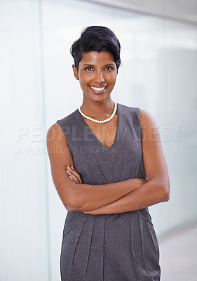 Buy stock photo Corporate, portrait and business woman, happiness and professional for working as bookkeeper. Adult, female person and Indian girl in workplace for accounting career in company, pride and confident