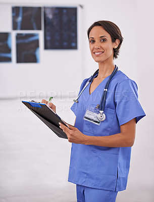 Buy stock photo Portrait, nurse and happy woman writing on checklist in hospital for healthcare, wellness and service. Doctor, smile or medical professional with clipboard, surgeon or radiologist in clinic in Brazil