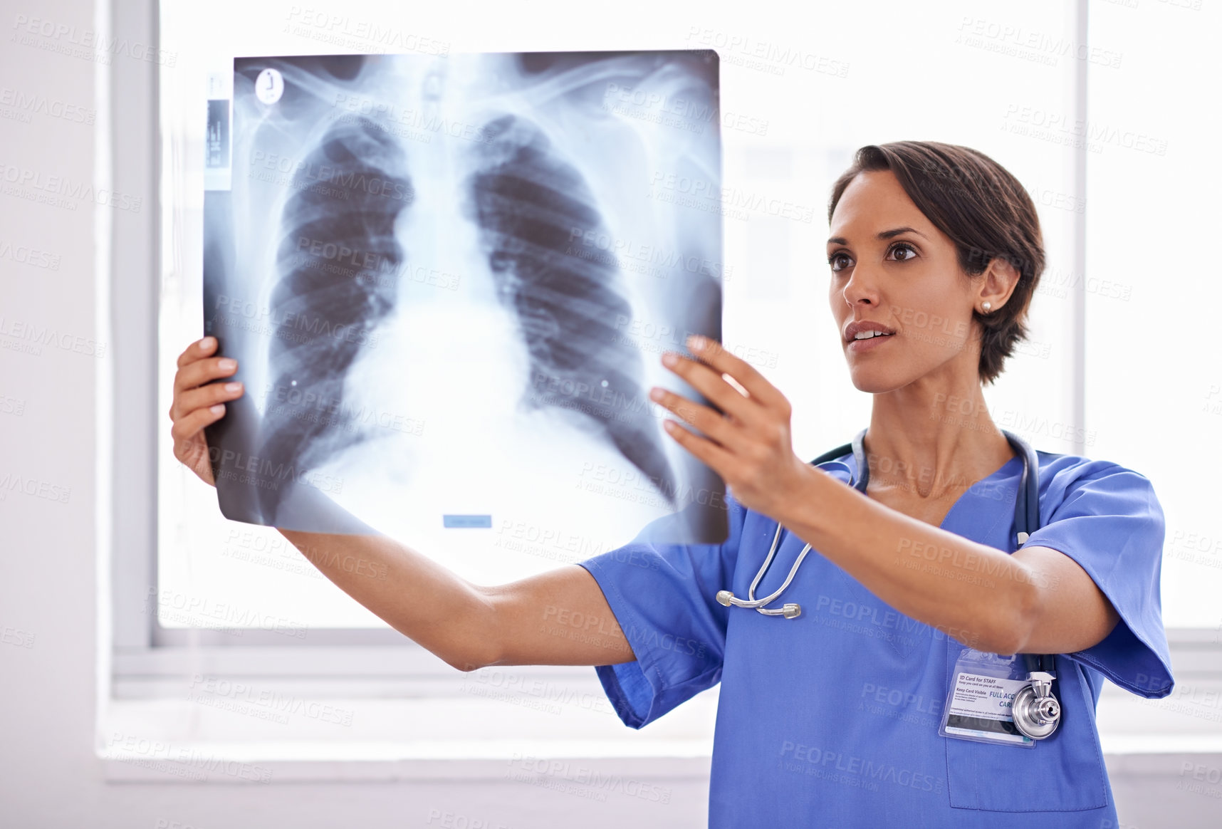 Buy stock photo X ray, hospital and woman doctor thinking of healthcare research, problem solving and review of skeleton and lung problem. Radiology professional, medical worker or surgeon with analysis or checking