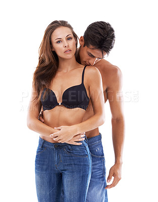 Buy stock photo Portrait, hug and couple sexy in studio for love or bonding, close and sultry with seduction for relationship. Man, woman and together on white background for compassion, romance and embrace.