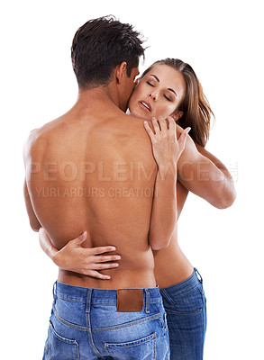 Buy stock photo Hug, sensual and couple love in studio for care or bonding, close and sultry with seduction for relationship. Man, woman and together on white background for compassion, romance and embrace.