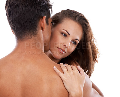 Buy stock photo Man, woman and whisper in studio for passion or bonding, close and affection with love or care for relationship. Couple, together and sensual on white background for compassion, romance and embrace.