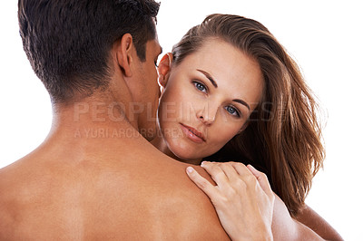 Buy stock photo Man, woman and hug in studio for skincare or bonding, routine and dermatology for smooth skin. Couple, together and love with cosmetics on white background for self care, wellbeing and wellness.