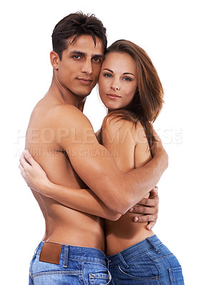 Buy stock photo Couple, hug and topless with skin in studio for touch on white background with passionate, love and sensual together. Portrait, relationship and support with care, sexy and embrace with desire. 