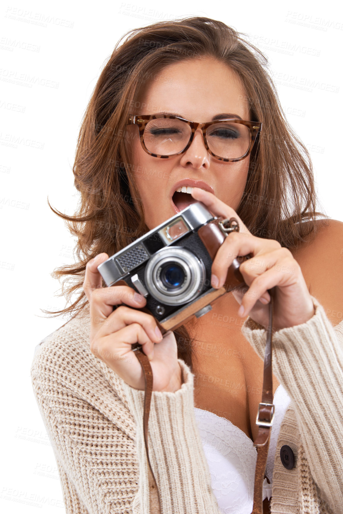 Buy stock photo Portrait, wink and woman with camera, vintage and glasses on photographer with creative style. Fashion, art and aesthetic photography with face of girl on white background for flirt, focus and vision