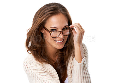 Buy stock photo Woman, glasses and vision with happiness in studio on white background for eyewear or fashion and casual jersey. Portrait, female person and confident with smile or satisfied with style for sight. 