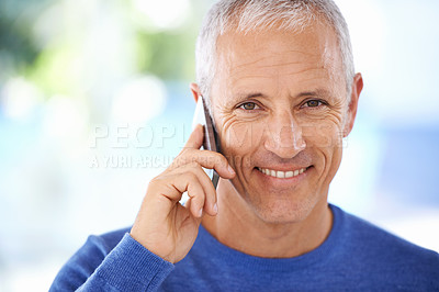 Buy stock photo Mockup, portrait and senior man with phone call for contact, communication or talking with smile for good news. Happy, elderly male person and smartphone for connectivity, discussion or conversation
