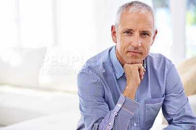 Buy stock photo Senior, man and portrait for relax on sofa with thinking, retirement and wellness in living room. Elderly, person and face with idea, confidence or problem solving in lounge of home with mockup space