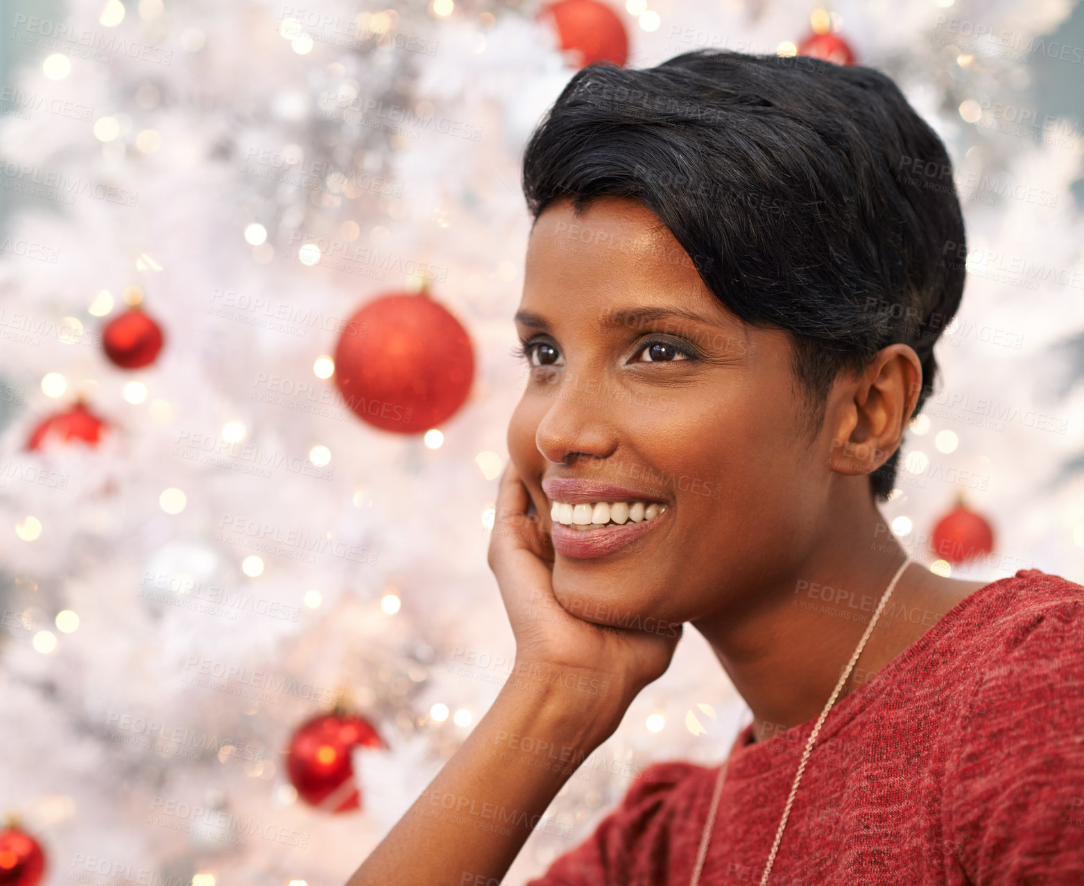 Buy stock photo Woman, thinking and smile by Christmas tree in home, lounge and excited for festive season. Black female person, religious holiday and ready for celebration in living room, happiness and tradition