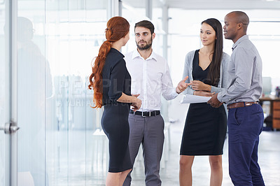 Buy stock photo Business people, team and discussion in office corridor with men, women or diversity for strategy at startup. Businessman, leader or talk for collaboration, teamwork or brainstorming for company goal