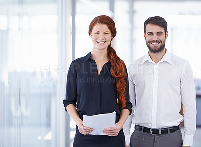 Buy stock photo Portrait, man and woman with documents, business and planning with confidence, workplace and teamwork. Face, happy male employee and female consultant with paperwork, partnership and collaboration