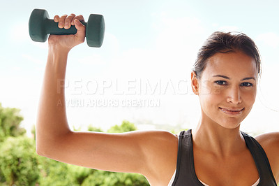 Buy stock photo Portrait, dumbbell or woman outdoor for exercise, training or workout for power in nature. Face, strong or person weightlifting for fitness, health or bodybuilding to flex muscle for wellness at park