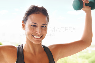 Buy stock photo Portrait, dumbbell and happy woman outdoor for exercise, training or workout for power. Face, muscle and strong person weightlifting for fitness, health or bodybuilding to flex for wellness at park