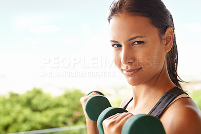 Buy stock photo Portrait, dumbbell and woman outdoor for workout, training or exercise for power in nature. Face, strong and person weightlifting for fitness, health or bodybuilding muscle for wellness on mockup