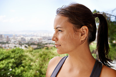 Buy stock photo Thinking, fitness and woman at park for exercise, training and idea to workout for health. Face profile, sports and person in nature for wellness, dream and serious at outdoor garden for wellbeing