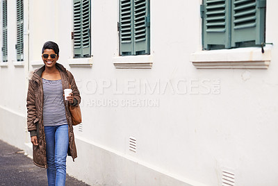 Buy stock photo Coffee, fashion and woman on holiday, street and happy to explore city of Cape Town and sightsee. Adult, female person and girl with sunglasses, coat and stylish with smile in morning on road