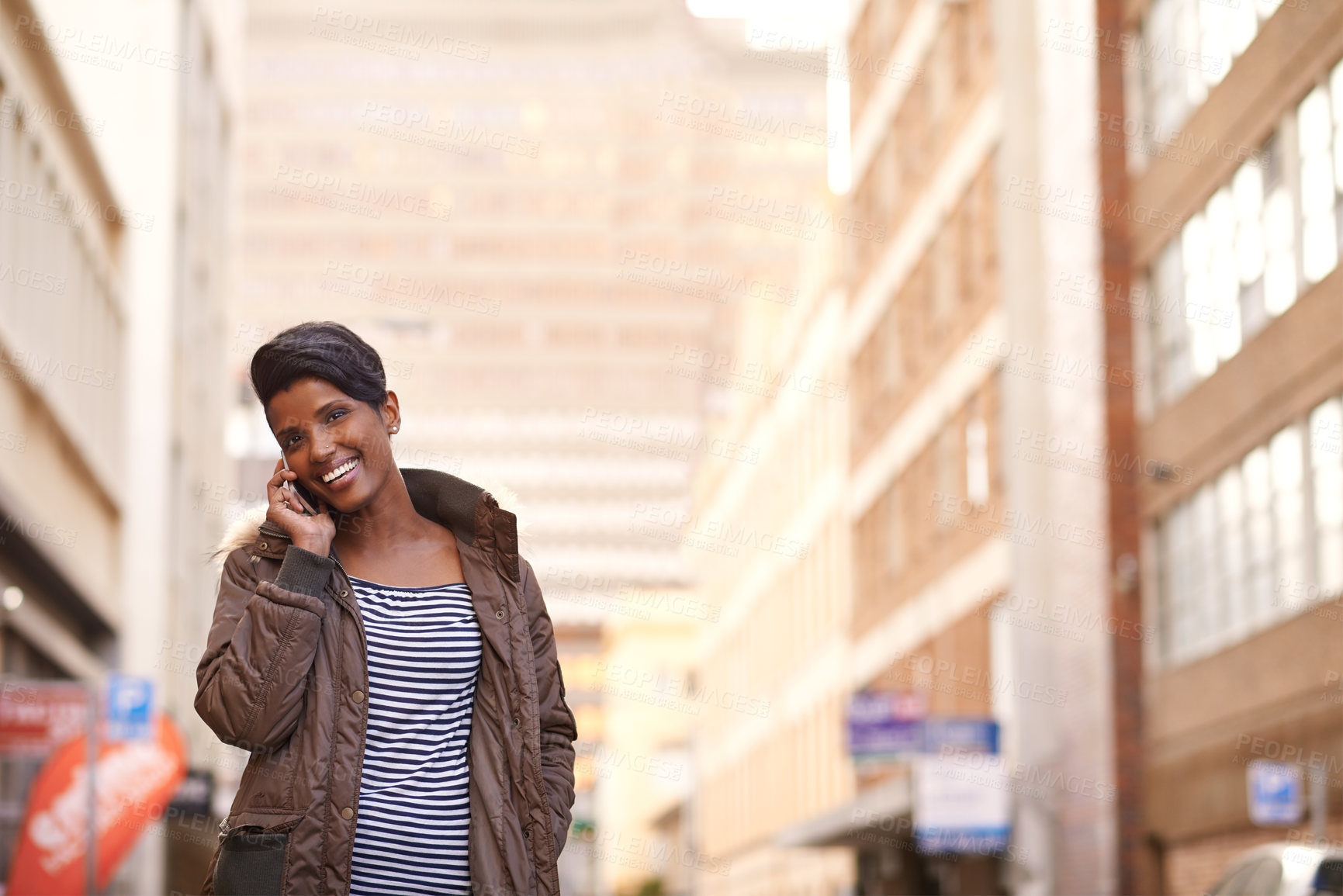 Buy stock photo Phone call, smile and black woman in a city, conversation and New York with communication and network. Person, outdoor or girl with happiness or walking with cellphone and digital app with connection
