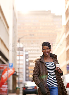 Buy stock photo City, fashion and portrait of woman, walking and coffee or tea, sunglasses and happy. Adult, female person and girl with smile with jacket or coat in Cape Town, shades and drink on hand in street