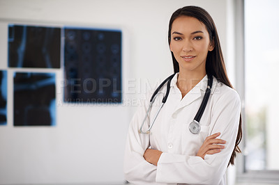 Buy stock photo Portrait, confident doctor and woman in hospital for healthcare, wellness or xray in Brazil. Face, medical professional and employee with arms crossed, worker or radiology expert with pride in clinic