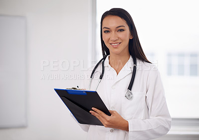 Buy stock photo Portrait, happy doctor and woman writing on checklist in hospital for healthcare, wellness and notes in Brazil. Face, medical professional and employee with clipboard, worker and smile of expert