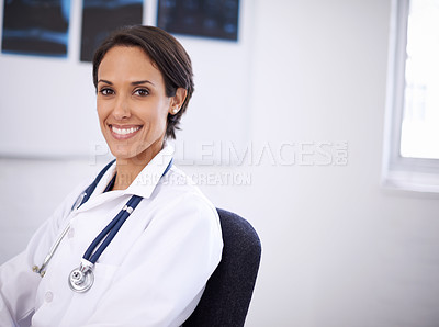 Buy stock photo Portrait, doctor and happy woman in hospital for healthcare, wellness or service of surgeon in Brazil. Face, medical professional or smile of employee, worker or radiology expert in clinic for career
