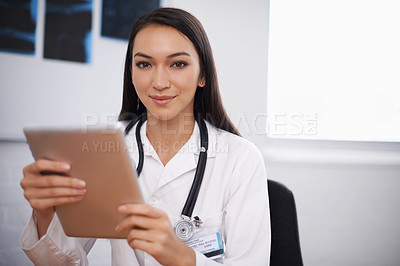 Buy stock photo Portrait, doctor and woman with tablet in hospital for healthcare, wellness or telehealth online in clinic. Face, medical and professional with technology, employee and radiology expert in Brazil