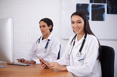Buy stock photo Doctor, tablet and woman portrait with research, hospital and tech in a clinic with healthcare and wellness. Lab, working and online with professional medical staff and physician worker at a job  