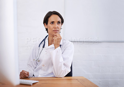 Buy stock photo Office, woman or doctor at computer thinking, brainstorming and ideas for healthcare in hospital. Online, research and medical professional at desk with insight, planning or problem solving in clinic