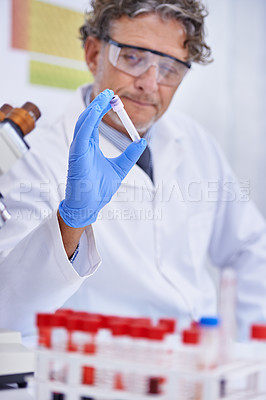 Buy stock photo Scientist, blood and container in laboratory, healthcare facility and chemistry for medical research. Male person, science expert and doctor with results for analysis, dna or study in test tube