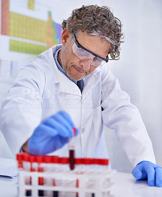 Buy stock photo Scientist, blood and chemistry in laboratory, healthcare facility and results for medical research. Male person, science expert and doctor with sample for analysis, dna or forensic study in test tube