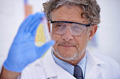 Buy stock photo Science, laboratory and man with vial sample for medical research, analysis and vaccine development. Healthcare, pharmaceutical and scientist with liquid test tube for medicine, experiment and study