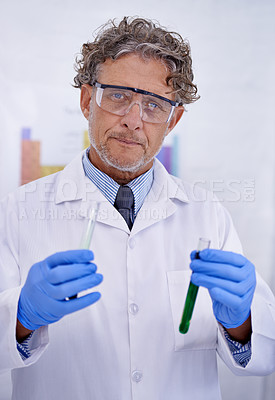 Buy stock photo A cropped portrait of a mature scientist holding two test tubes in his lab