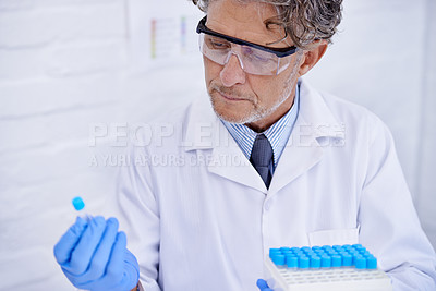 Buy stock photo A cropped shot of a mature scientist holding a test tube in his lab