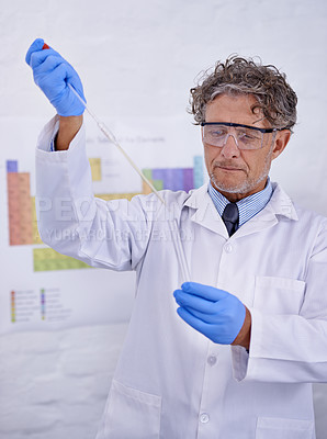 Buy stock photo Scientist, pipette and chemistry in laboratory, healthcare facility and results for medical research. Male person, science expert and doctor with man for analysis, dna and study in test tube