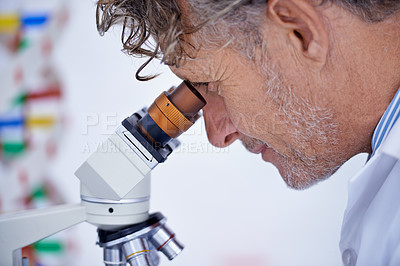 Buy stock photo A cropped shot of a mature scientist using a microscope in his lab