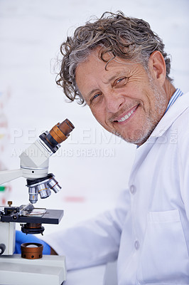 Buy stock photo Science, microscope and portrait of doctor in laboratory for research, test or results for medical career. Healthcare worker, professional or scientist with chemistry, analysis or particles for study