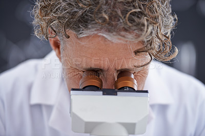 Buy stock photo Science, healthcare and doctor in laboratory with microscope for research, test and results for medical career. Worker, lab technician and scientist with chemistry, analysis or particles for study