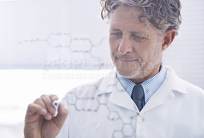 Buy stock photo Research, scientist man writing formula in laboratory and on glass board for expert chemical analysis. Particles or futuristic, pharmaceutical test and science doctor with medical innovation of DNA