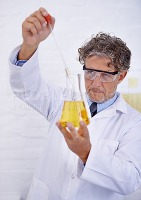 Buy stock photo Science, laboratory and man with sample in beaker for medical research, analysis and vaccine development. Healthcare, pharmaceutical and scientist with equipment for medicine, experiment or study