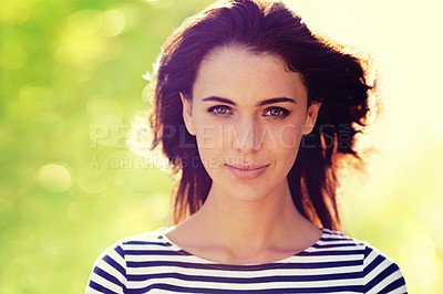 Buy stock photo Woman, portrait and confidence with nature, sunshine and park for happiness and wellness. Person, joy and bokeh for closeup, glow or happy for summer relax and adventure outside in garden with grass