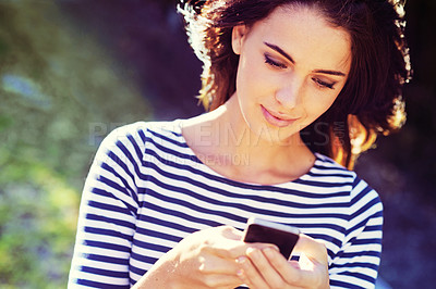 Buy stock photo Woman, cellphone or social media for connectivity in city, nature or search for travel app to download. Young person, smartphone or scroll online for networking or reading message for update in town