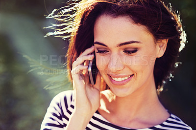 Buy stock photo Woman, smile and phone call with communication outdoor for conversation, networking and mobile chat with sunlight. Person, happy and smartphone in nature for talking, discussion and listening in wind