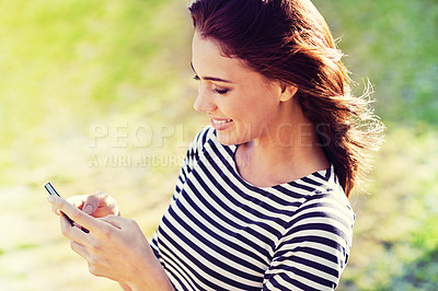 Buy stock photo Happy woman, cellphone and social media for networking in city and typing a message for connection. Lady, smartphone and scroll for online shopping or reading email and update on holiday in england