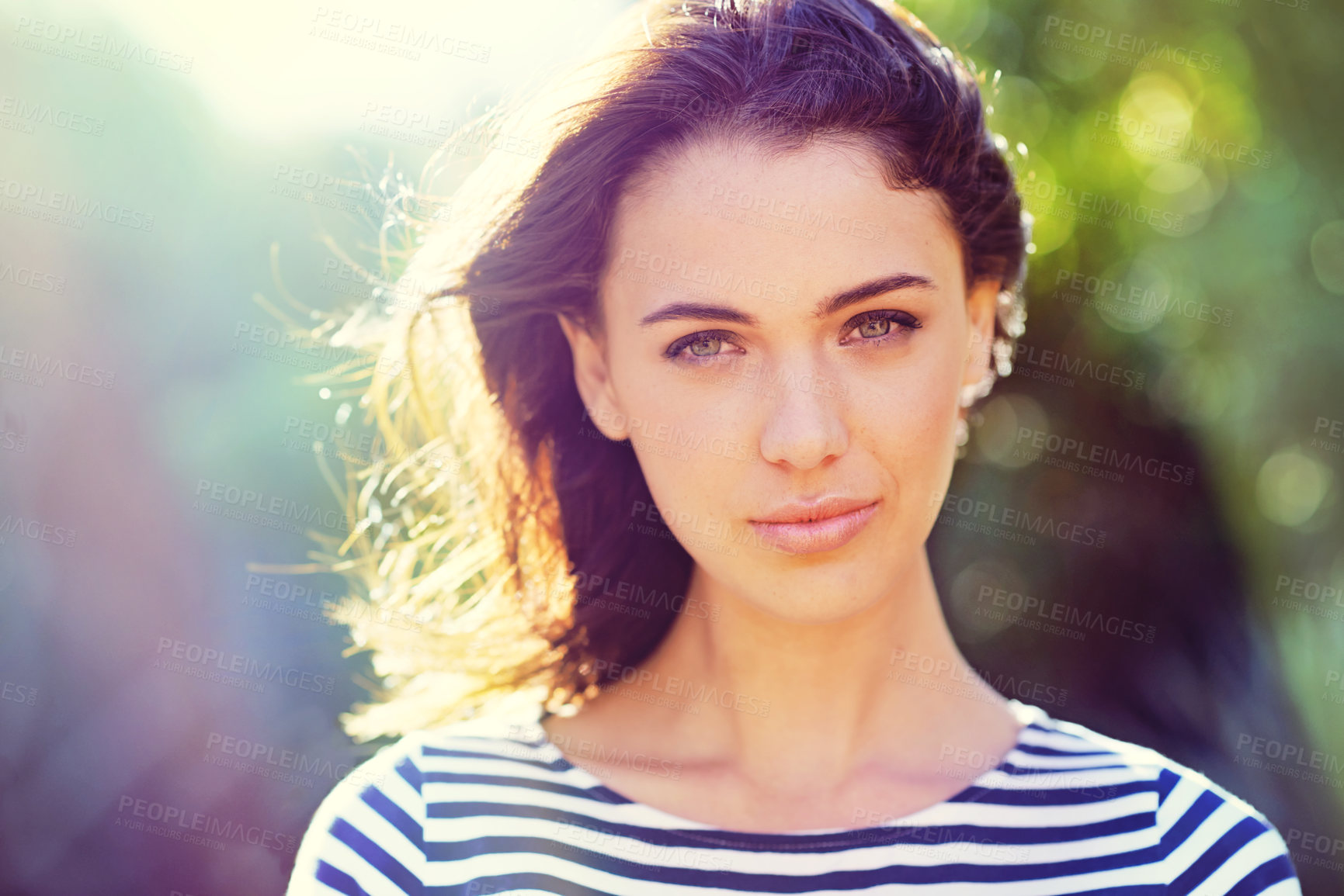 Buy stock photo Woman, portrait and glow with nature, sunshine and park for happiness and wellness. Person, joy and bokeh with closeup, sunset and beauty for summer relax and adventure outside in garden with trees