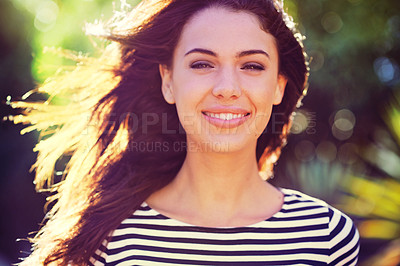 Buy stock photo Happy woman, relax and portrait in city for travel, vacation and outdoor for wellness in sunshine. English, student and positive face on holiday in urban town, break and young or carefree for tourist