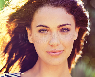 Buy stock photo Wind, nature and portrait of woman with smile for summer vacation, happiness and relax in sunlight. Female person, face and confidence in park for weekend positivity, peace and calm on holiday break