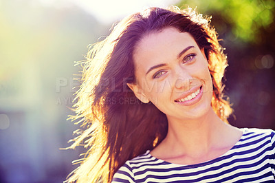 Buy stock photo Woman, portrait and smile with nature, sunrise and park for happiness and wellness. Person, joy and bokeh with closeup, glow and sunshine for summer relax and adventure outside in garden with trees